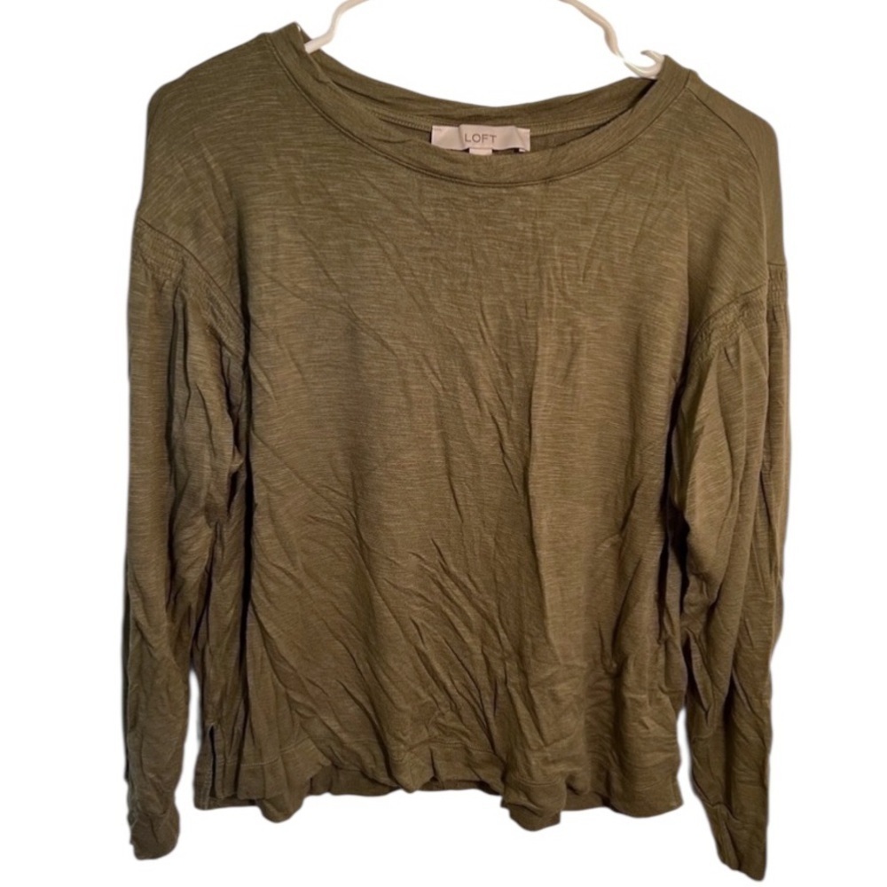 Loft Women's Size XS Sweatshirt Army Green Terry Cloth Lined Smocked Shoulder